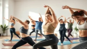 Exercícios para Iniciantes Saúde Física e Mental - Grupo de mulheres praticando exercícios de alongamento lateral em aula coletiva sobre tapetes coloridos