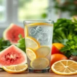 A Importância da Hidratação e Alimentos Ricos em Água - um copo de água com limão e vários tipos de folhas verdes essenciais à saúde.