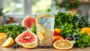 A Importância da Hidratação e Alimentos Ricos em Água - um copo de água com limão e vários tipos de folhas verdes essenciais à saúde.