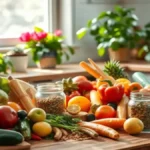 Alimentacao Consciente para Mais Saude e Equilíbrio - Mesa repleta de frutas, legumes e grãos frescos para alimentação consciente e saudável.