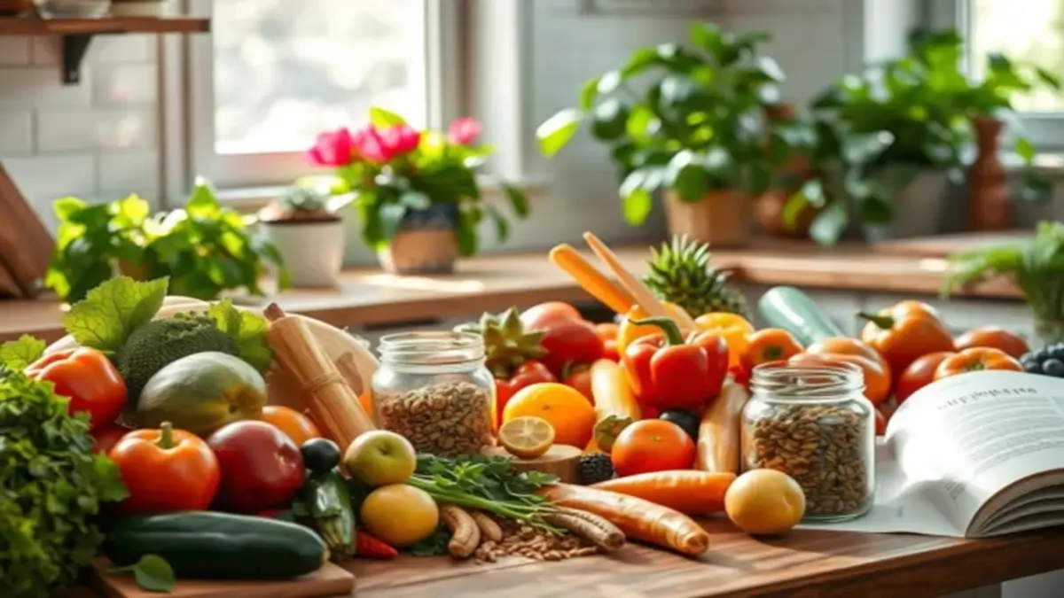 Alimentacao Consciente para Mais Saude e Equilíbrio - Mesa repleta de frutas, legumes e grãos frescos para alimentação consciente e saudável.