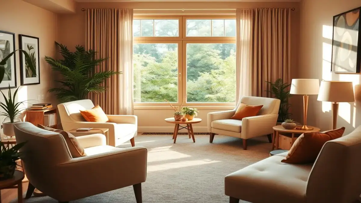 Sala de estar iluminada e aconchegante.