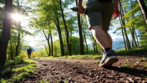 Pessoa caminhando sozinha em uma estrada de terra cercada por árvores verdes ao entardecer.