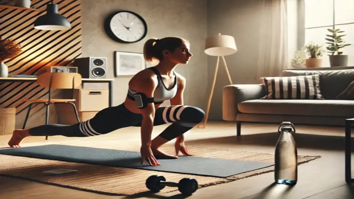 Mulher se exercitando em casa.
