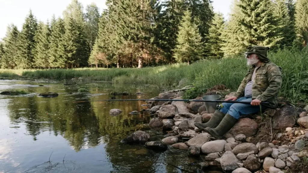 Homem pescando num rio calmo