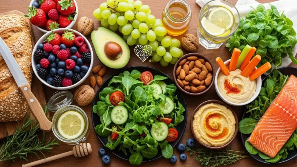 Mitos e Verdades sobre Dietas - mesa com alimentos naturais variados como frutas, legumes e grãos