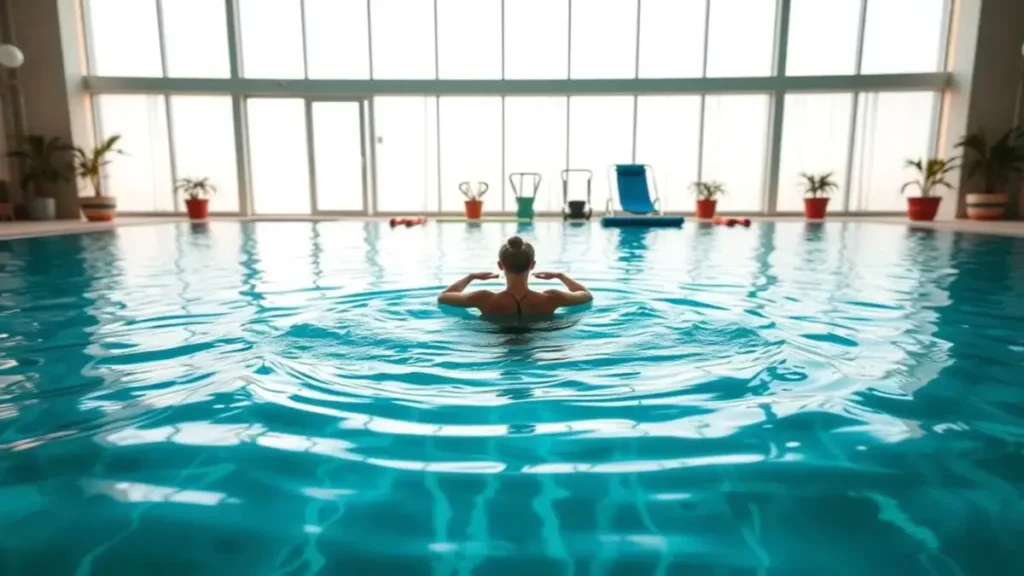 Mulher em piscina fazendo hidroginastica