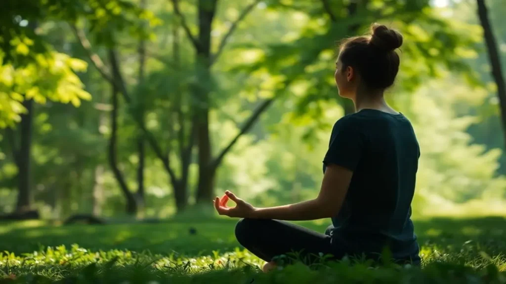 Mulher meditando em ambiente natural.