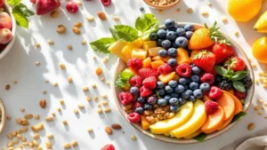 Energize Seu Dia: Café da manhã saudável com frutas frescas, grãos integrais e uma xícara de café sobre mesa de madeira