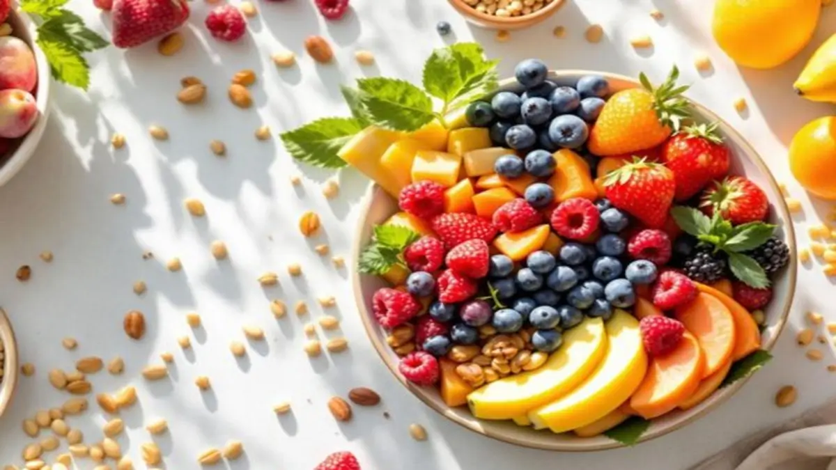 Energize Seu Dia: Café da manhã saudável com frutas frescas, grãos integrais e uma xícara de café sobre mesa de madeira