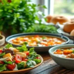 Comer saudável todo dia sem tempo nem dinheiro - Prato colorido com refeição balanceada contendo vegetais frescos, proteínas magras e grãos integrais dispostos harmoniosamente