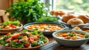 Comer saudável todo dia sem tempo nem dinheiro - Prato colorido com refeição balanceada contendo vegetais frescos, proteínas magras e grãos integrais dispostos harmoniosamente