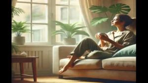 Uma-imagem-humanizada-e-relaxante-para-ilustrar-um-post-sobre-ansiedade.-Mostra-uma-mulher-jovem-sentada-confortavelmente-no-sofa