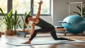 Mulher praticando ioga ao ar livre com paisagem natural ao fundo.