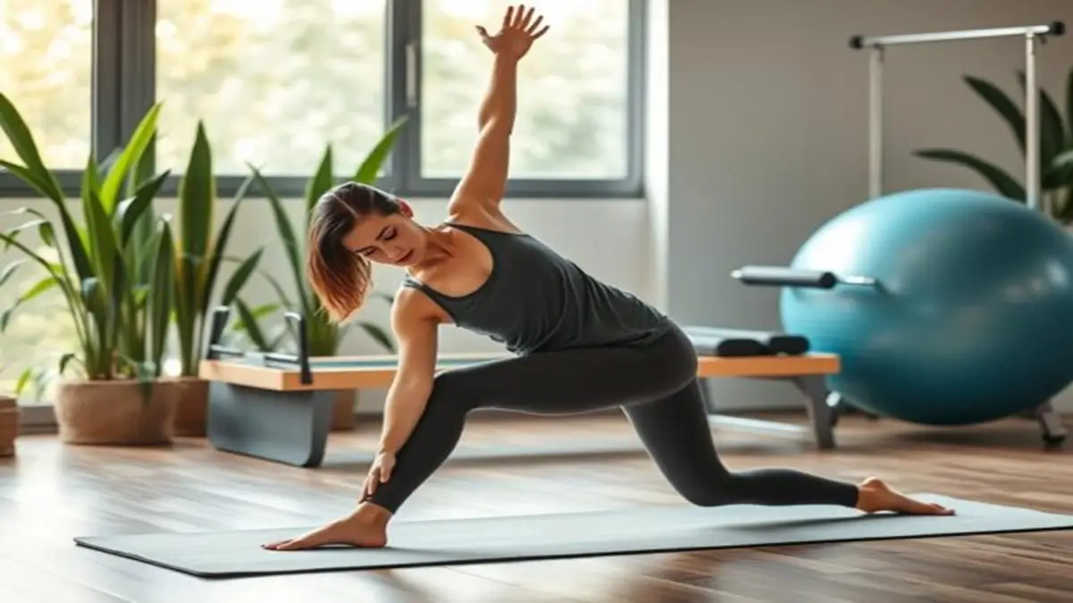 Mulher praticando ioga ao ar livre com paisagem natural ao fundo.