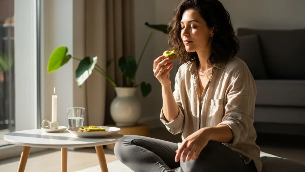 Mulher praticando alimentação consciente em casa, sem distrações, com foco total na refeição.