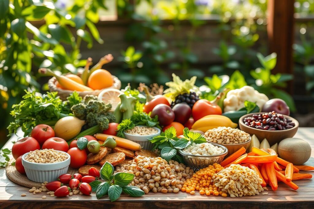 uma mesa cheia de comidas diferentes e saudaveis