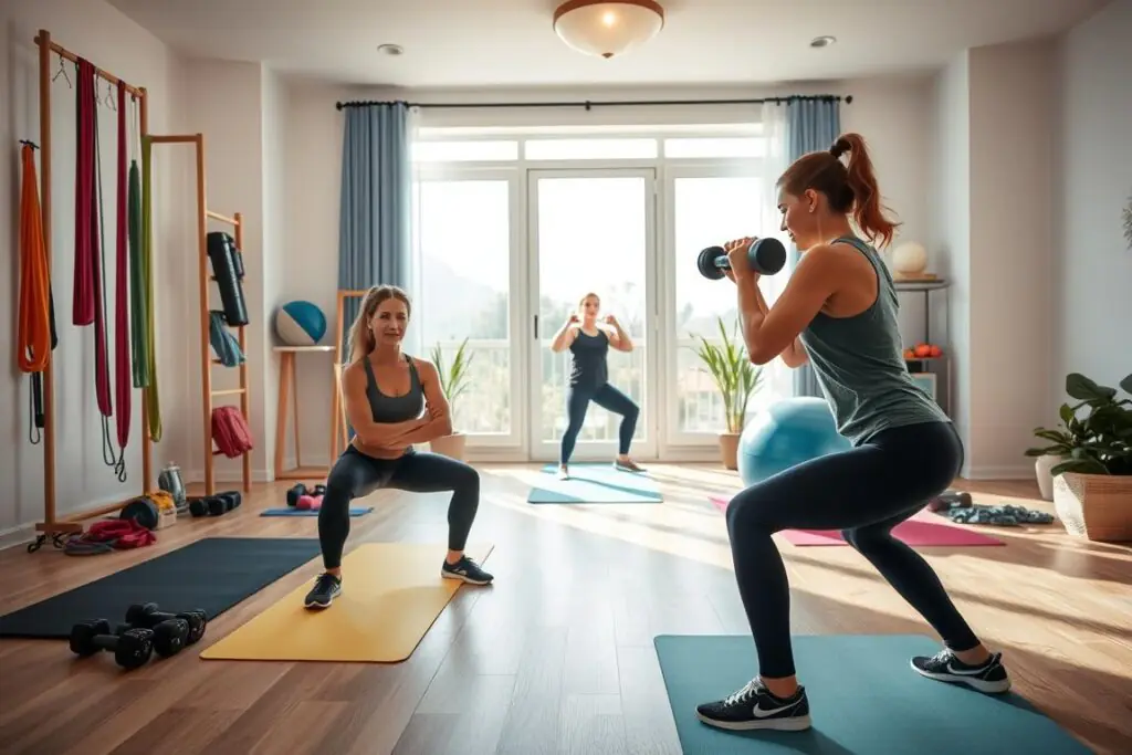 10 Exercícios Essenciais para Iniciantes Visando uma Melhor Saúde 4 a group of women doing exercise in a room
