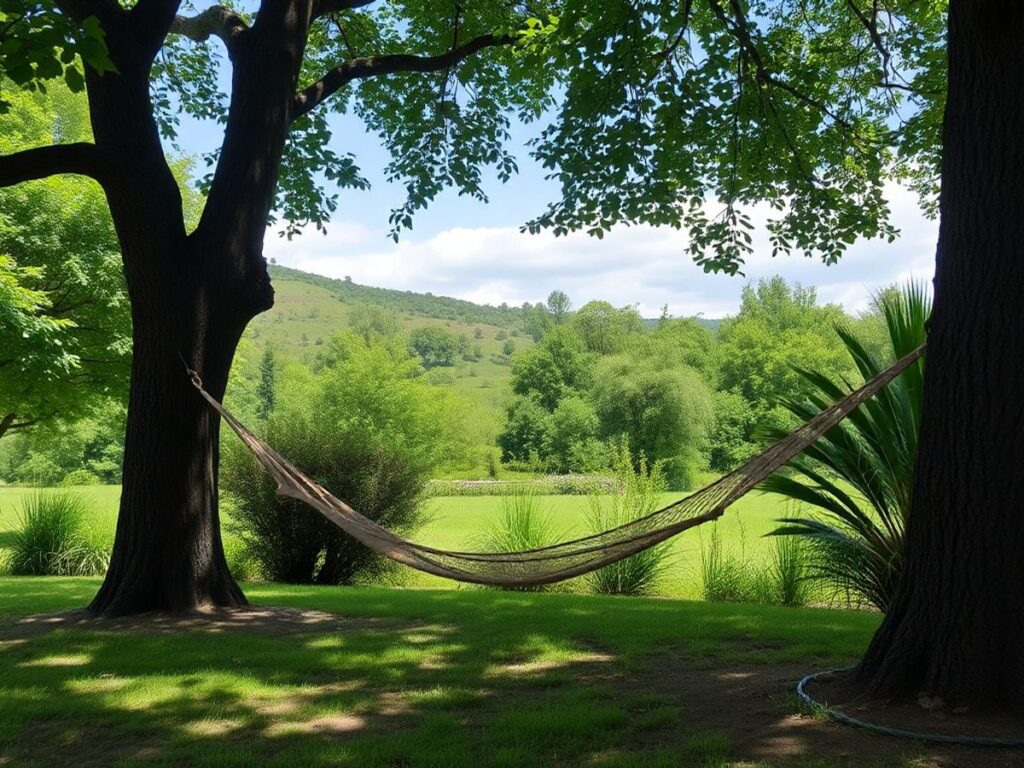 Uma rede entre duas árvores, uma bela pedida para o descanso ao ar livre.
