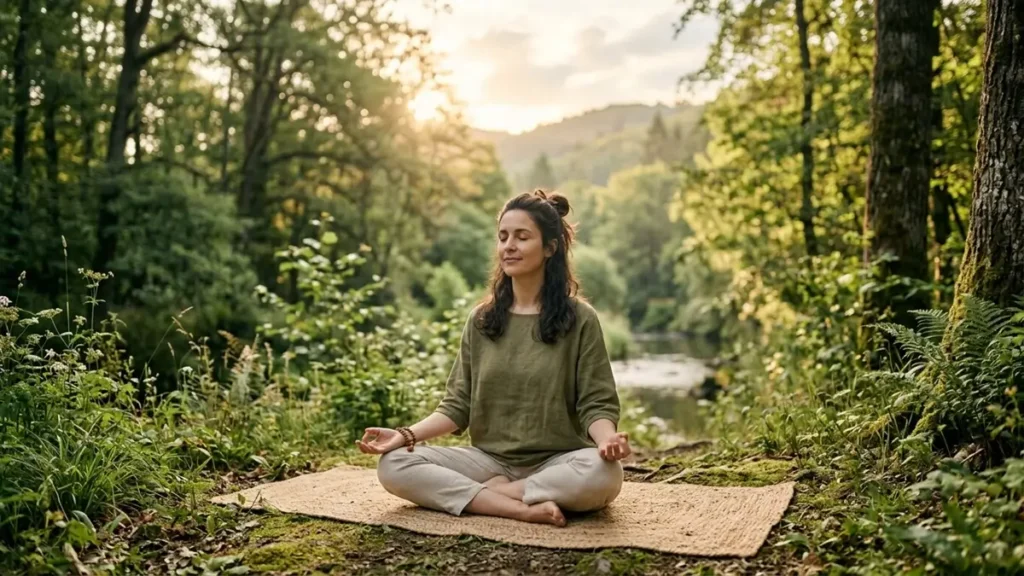 O Poder das Pausas: Por Que Descansar é Essencial Para a Saúde Mental 2 Mulher meditando em ambiente natural para relaxamento mental