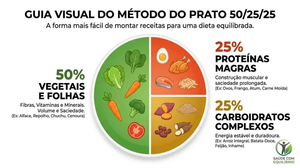 Aprenda a montar pratos balanceados com o método 50/25/25. Veja receitas rápidas e como preparar marmitas saudáveis que duram até 4 dias.
