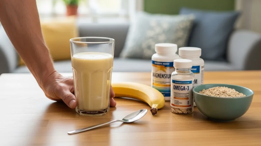 Mesa de cozinha com shake de proteína em copo alto, banana, aveia em tigela, frasco de magnésio e ômega-3, mão de pessoa madura segurando o shake, ambiente doméstico acolhedor, luz natural da manhã, representando recuperação nutricional pós-treino
