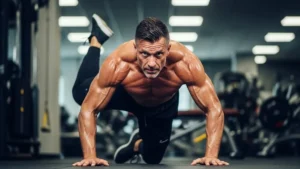 Treino de Resistência para Pessoas Acima de 40 Anos - Homem musculoso com mais de 40 anos demonstrando um exercício de resistência.