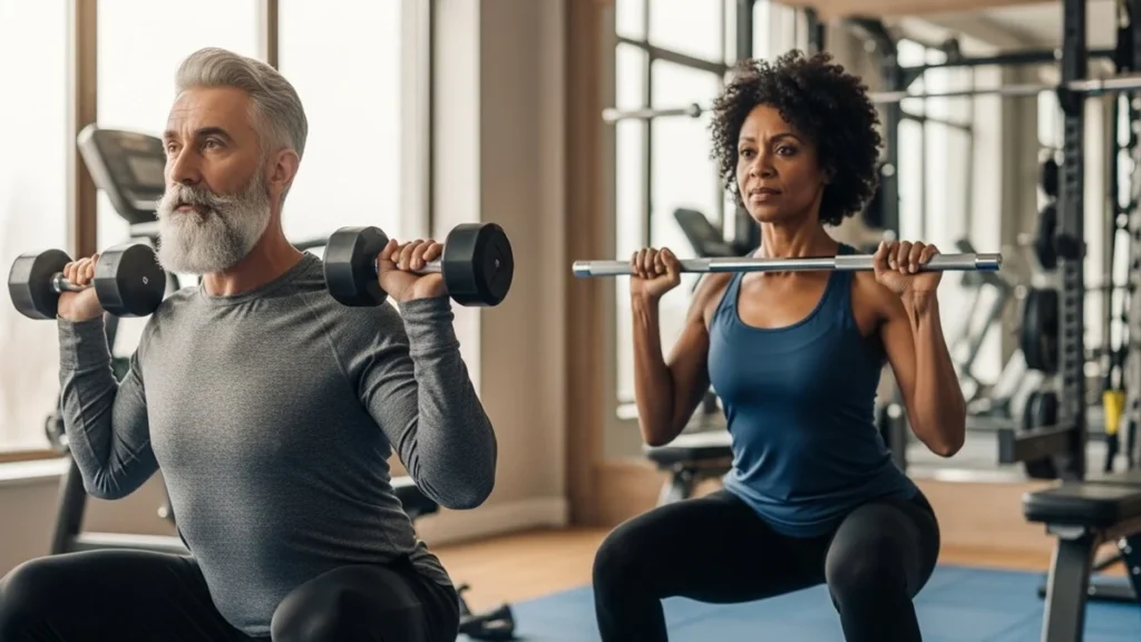 Homem e mulher com mais de 40 anos praticando treino de resistência com halteres em academia moderna, expressões de determinação e força, iluminação natural suave, roupas esportivas confortáveis, representando saúde e vitalidade na maturidade