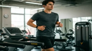 Homem jovem se exercitando em esteira na academia para melhorar sua saúde cardio.