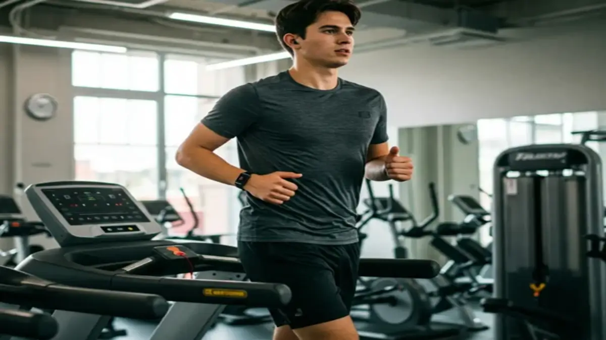 Homem jovem se exercitando em esteira na academia para melhorar sua saúde cardio.