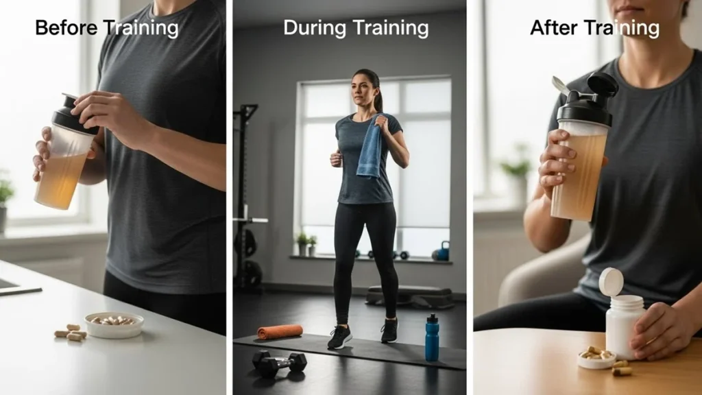 Exemplo de como utilizar suplementos esportivos antes, durante e após o treino