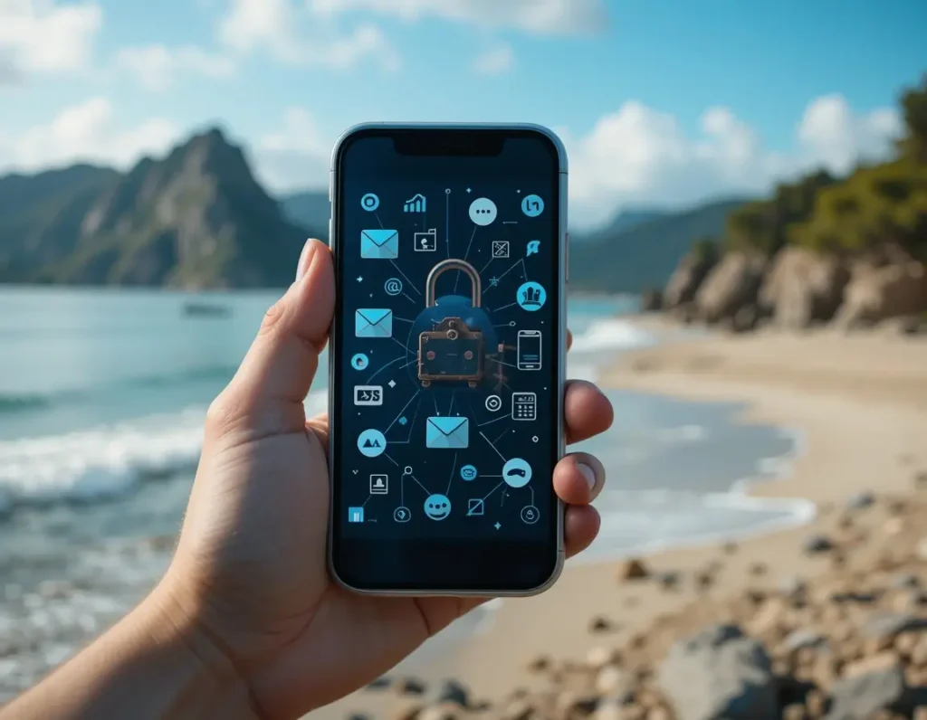 uma mão segurando um telefone com uma fechadura na tela