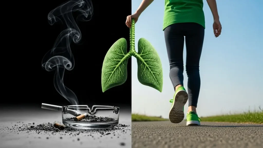 Estratégias para a Cessação do Tabagismo - Imagem comparativa mostrando um cinzeiro com cigarros apagados de um lado e um símbolo de vida saudável do outro, representando a cessação do tabagismo.