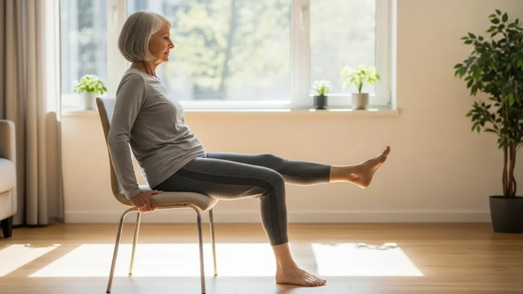 Pessoa idosa realizando exercício de baixo impacto em casa com apoio de cadeira, priorizando equilíbrio e segurança