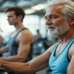 Idoso praticando exercício aeróbico de baixo impacto em academia, focado em saúde, força e autonomia física