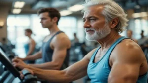 Idoso praticando exercício aeróbico de baixo impacto em academia, focado em saúde, força e autonomia física
