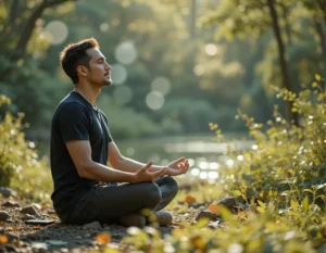 Homem em paz meditando após detox digital, celular desligado ao lado.