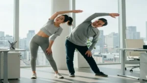 Equilíbrio Entre Trabalho e Saúde - Pessoas fazendo alongamento rápido no escritório para aliviar o estresse