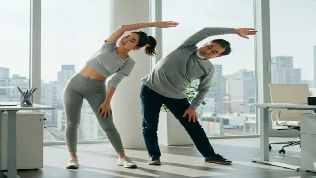 Equilíbrio Entre Trabalho e Saúde - Pessoas fazendo alongamento rápido no escritório para aliviar o estresse