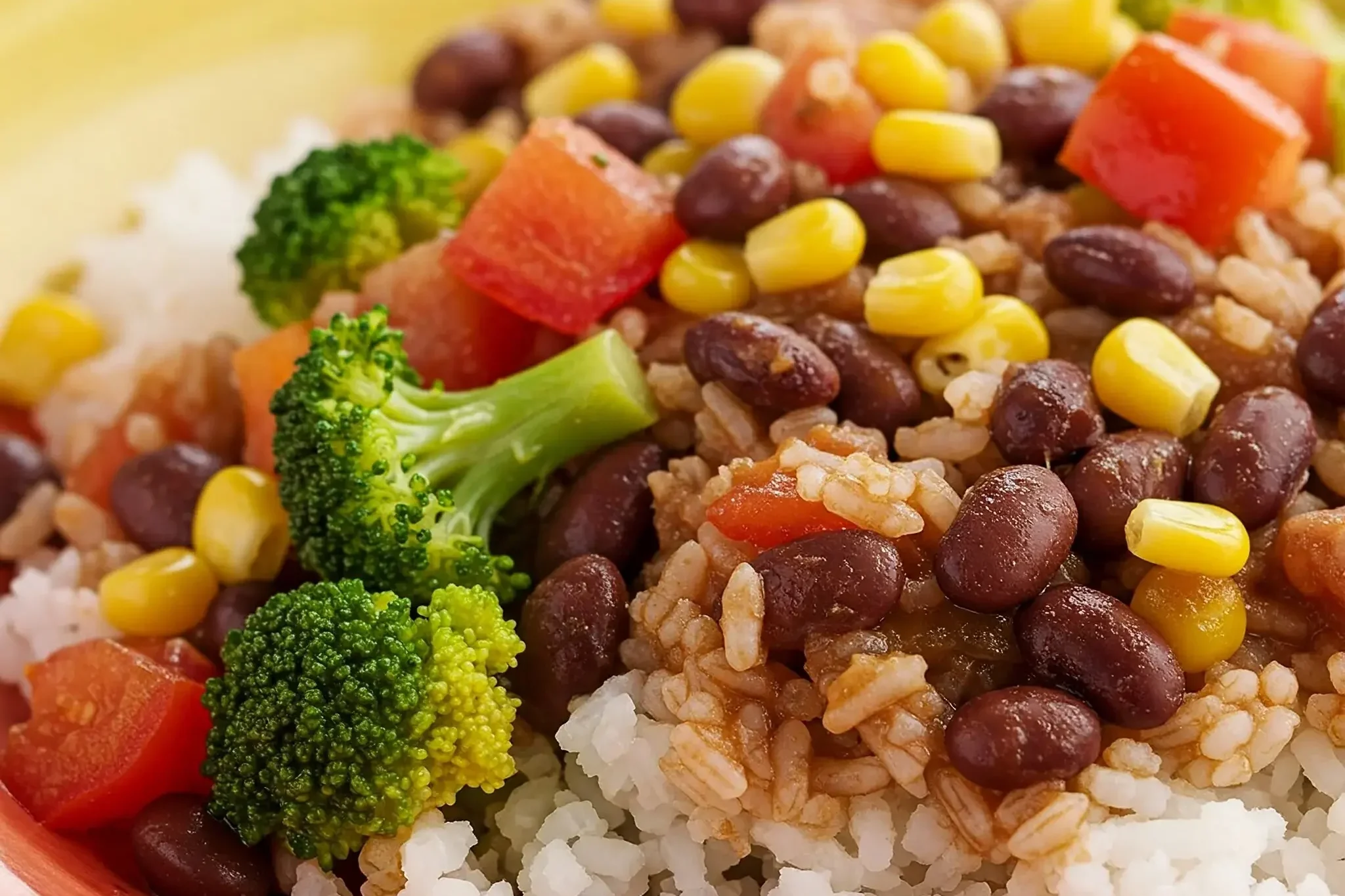 Arroz, feijão, legumes e milho colorido.