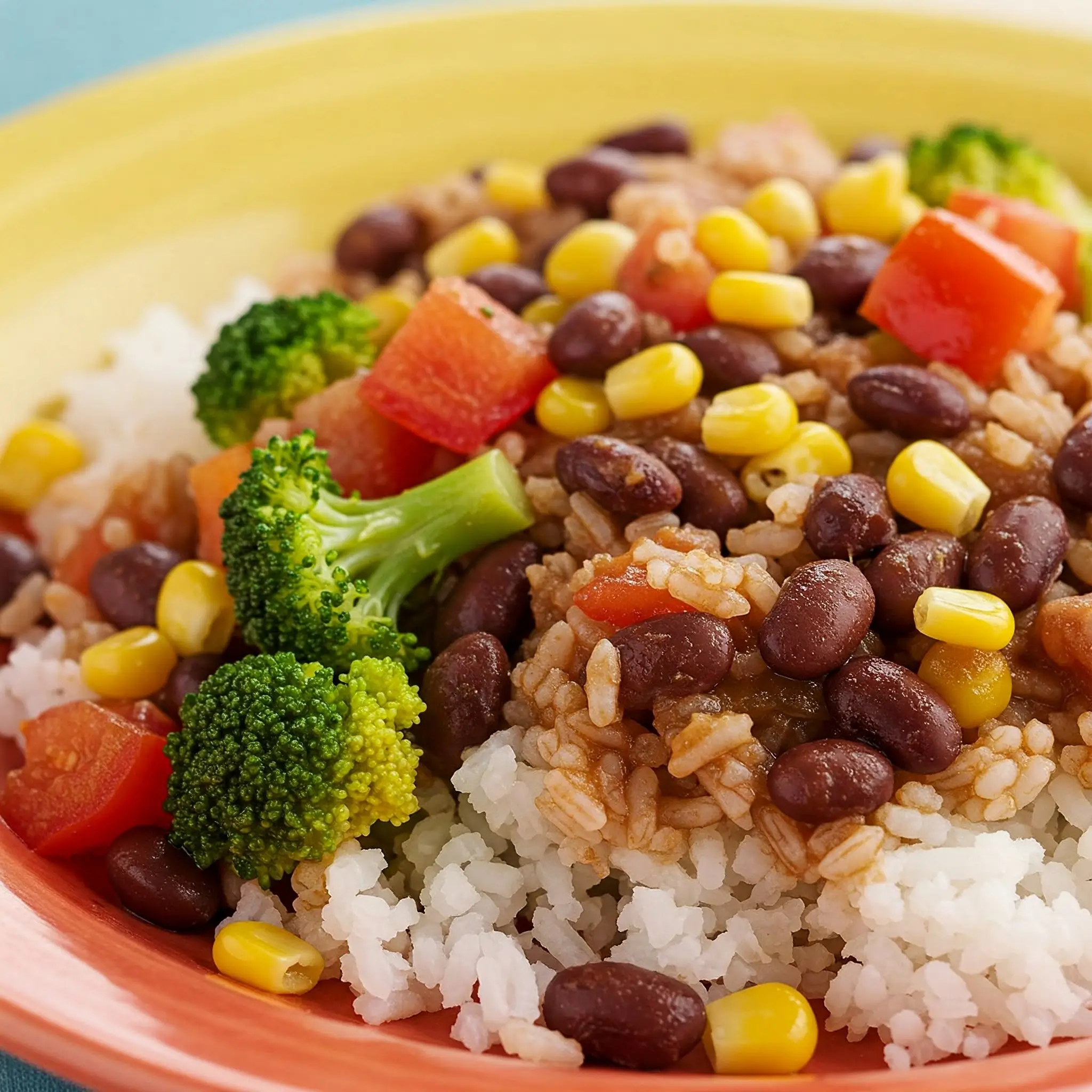 um prato de arroz e feijão com brócolis, cenoura e tomates