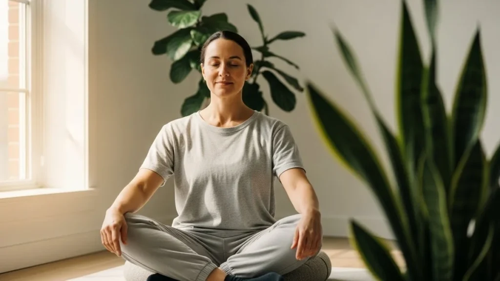 Pessoa em ambiente tranquilo representando saúde e bem-estar integral