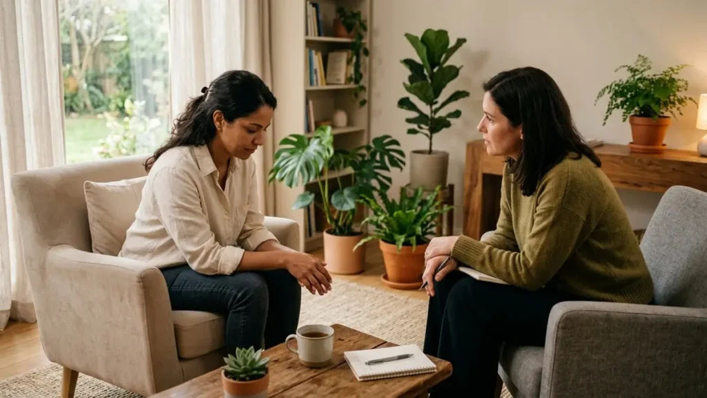 Paciente adulto em sessão de psicoterapia em consultório acolhedor, buscando tratamento para trauma geracional com acompanhamento profissional