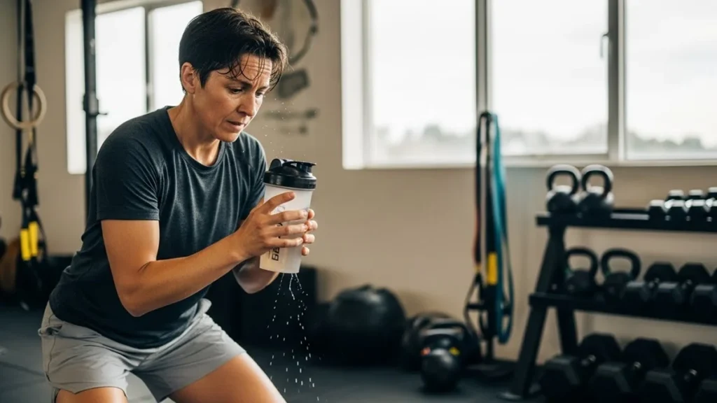 Pessoa treinando e avaliando o uso de suplementos esportivos para melhorar resultados nos treinos