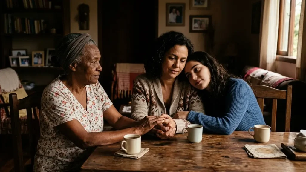 Avó, mãe e filha adulta sentadas juntas em casa, representando o impacto do trauma geracional em três gerações de uma família