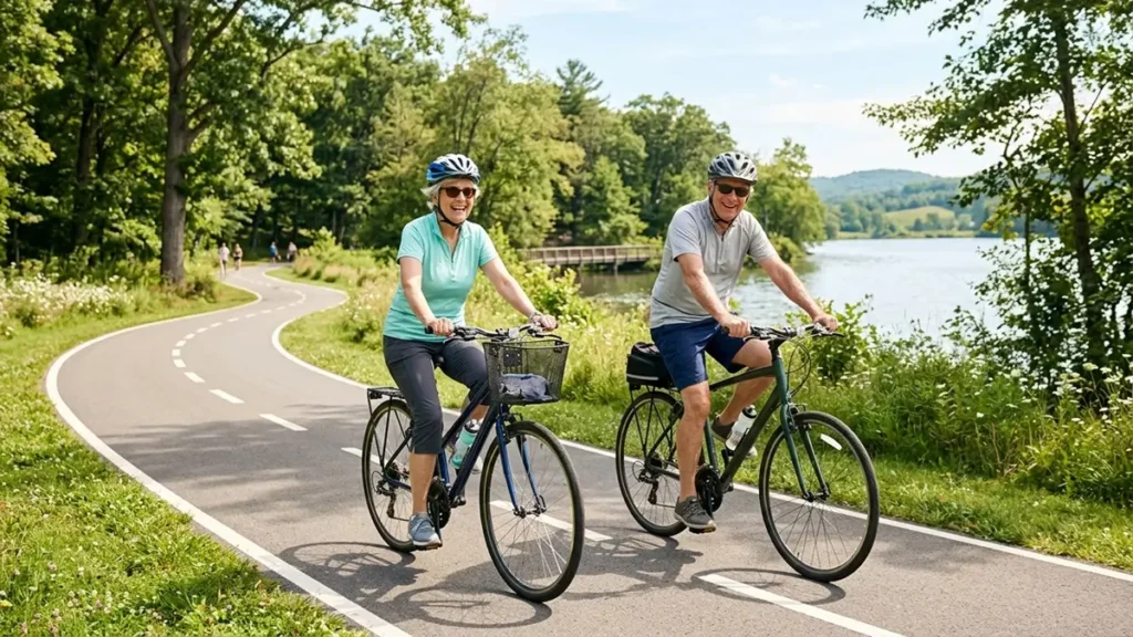 Exercícios Cardio - Casal de idosos pedalando como exercício cardio de baixo impacto
