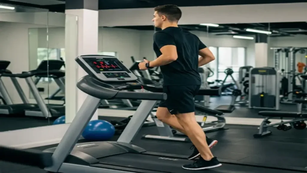 Pessoa caminhando na esteira praticando exercício cardio em academia