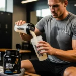 Atleta preparando shake de whey protein após treino — nutrição esportiva prática e eficaz.