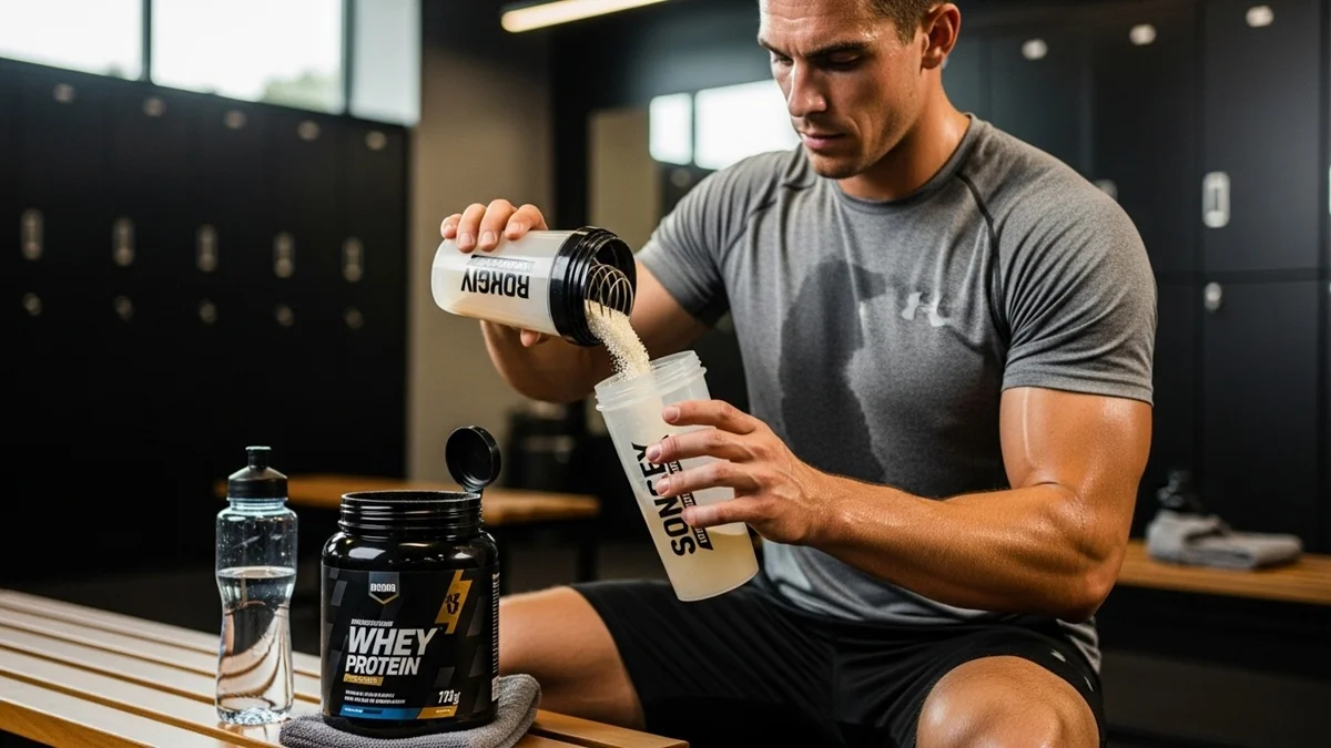 Atleta preparando shake de whey protein após treino — nutrição esportiva prática e eficaz.