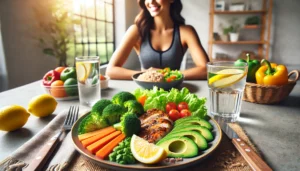 A realistic horizontal image showing a healthy lifestyle concept focused on weight loss. The scene includes a colorful plate with vegetables broccoli
